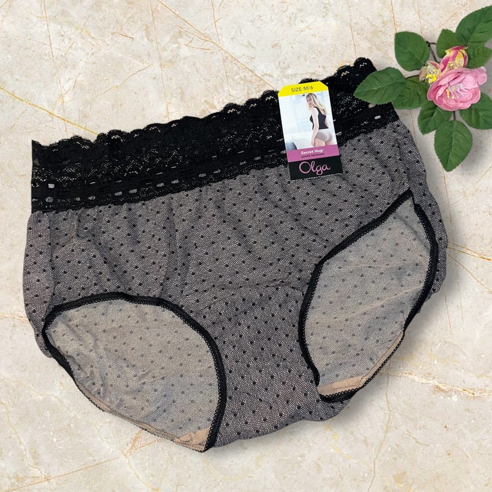 Olga Secret Hug  panties M/6  Black Dot Nylon Hipster Scoop Lace Style 913 NWT